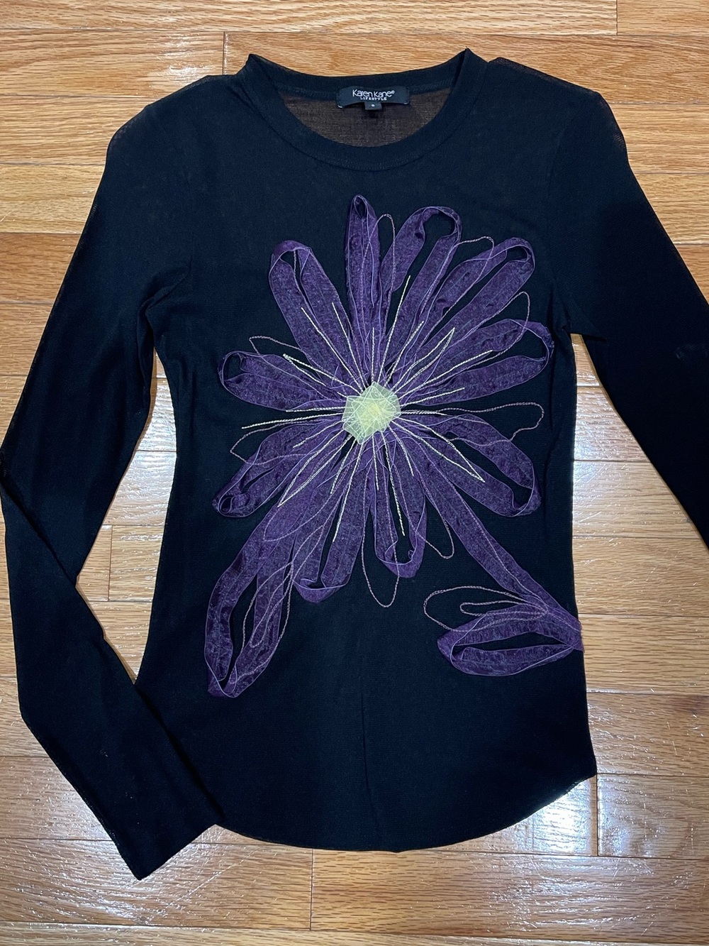 Karen Kane Black Long Sleeve Top with Purple Floral Applique
